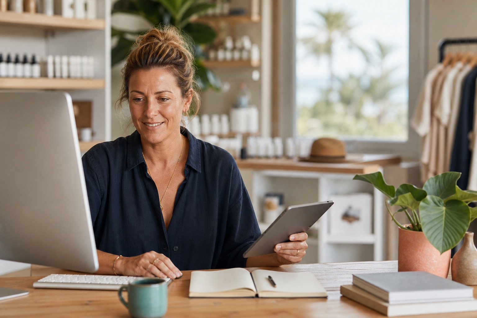 Local small-business owner using modern AI-assisted digital tools